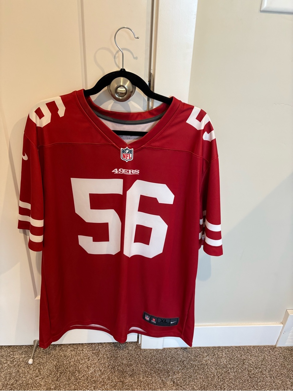 Nike San Francisco 49ers Red and White #56 Football Jersey